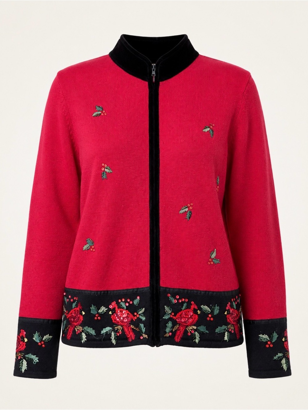 Vintage Christmas Sweater Cardigan Cardinal Holly Beaded Zip Up Womens XL Tiara